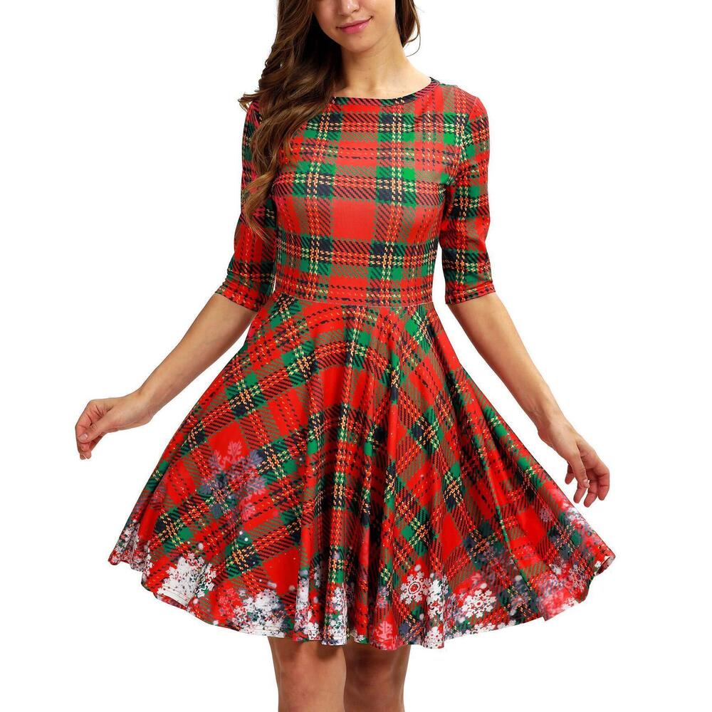 3098 Ugly Christmas Dress Red Plaid Print Xmas Swing Dresses 3D,Plaid S